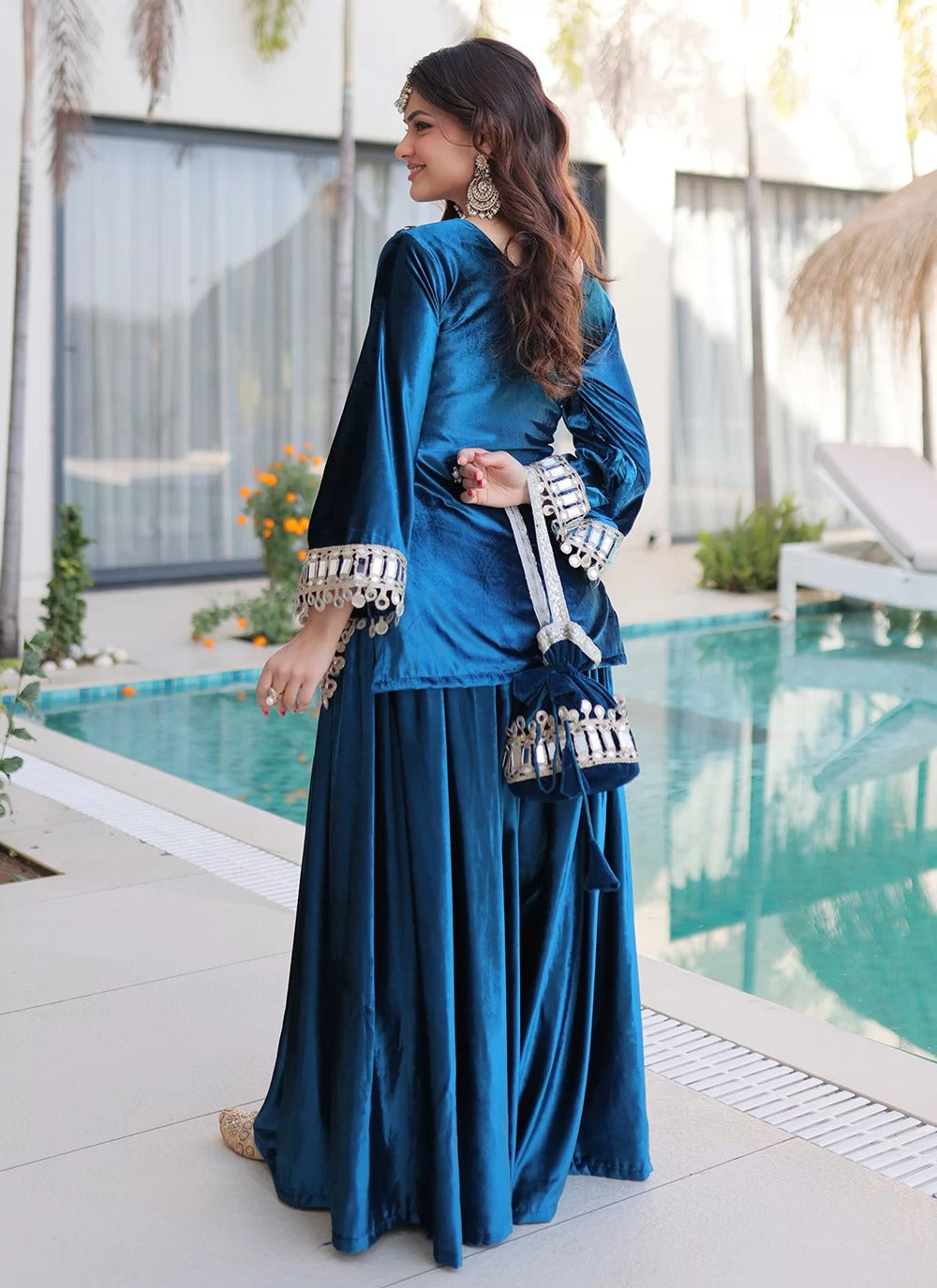 Elegant rama mirror work palazzo suit in ice velvet with batwa