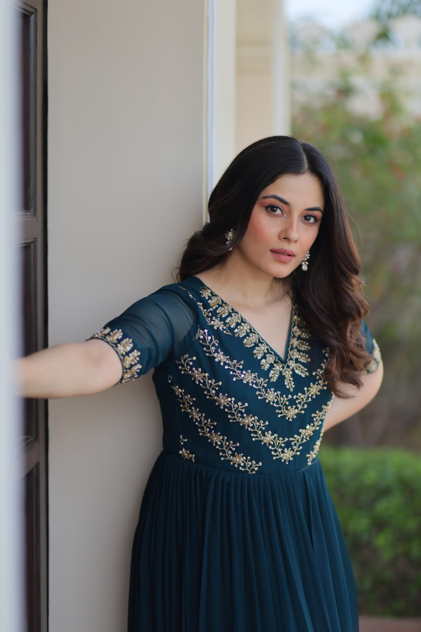 Rama Premium Faux Blooming Frill Gown with Sequins, Multithread & Beads Embroidery