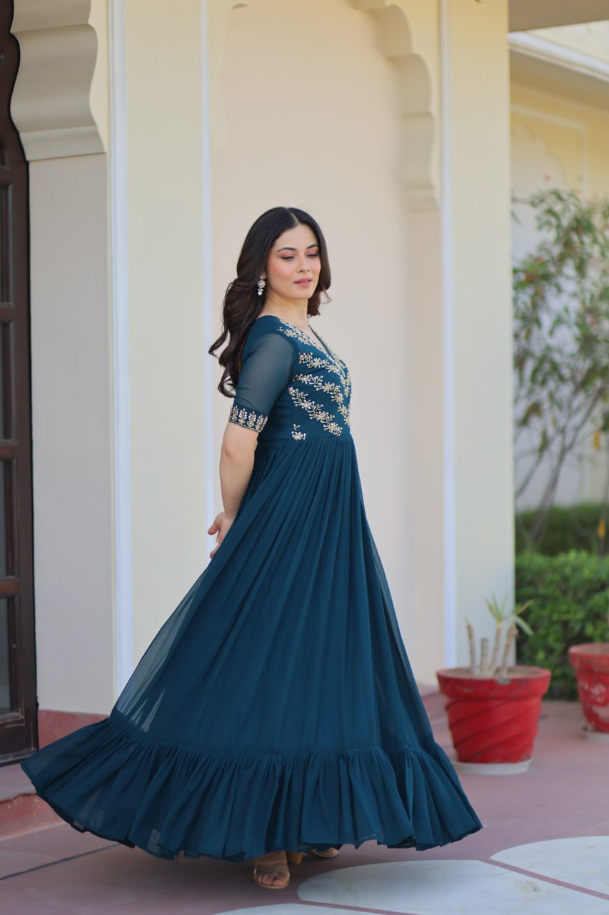 Rama Premium Faux Blooming Frill Gown with Sequins, Multithread & Beads Embroidery