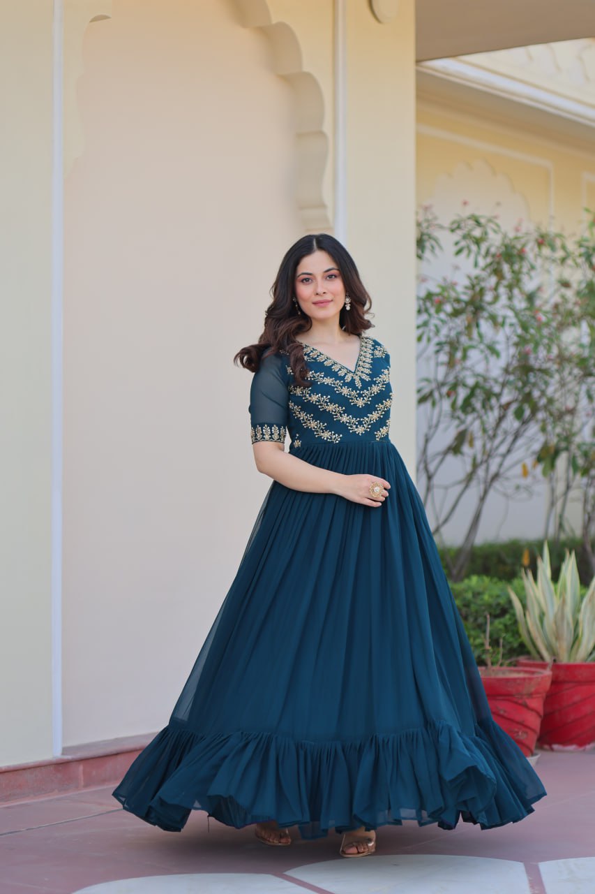 Rama Premium Faux Blooming Frill Gown with Sequins, Multithread & Beads Embroidery