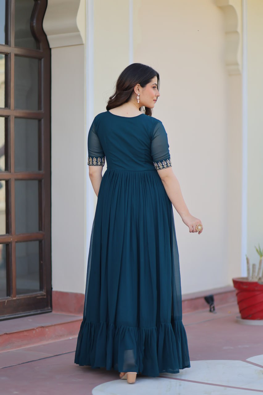 Rama Premium Faux Blooming Frill Gown with Sequins, Multithread & Beads Embroidery