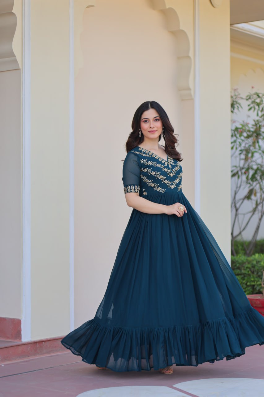 Rama Premium Faux Blooming Frill Gown with Sequins, Multithread & Beads Embroidery
