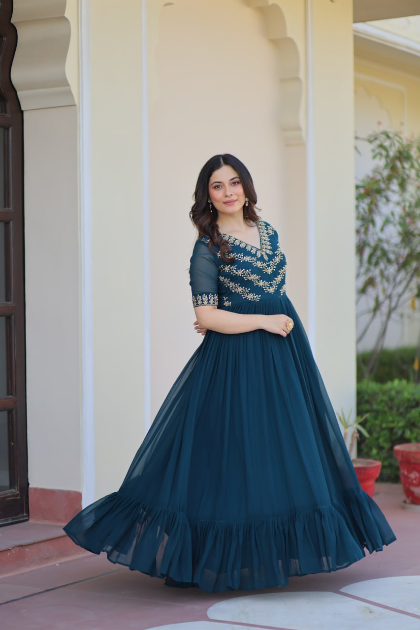 Rama Premium Faux Blooming Frill Gown with Sequins, Multithread & Beads Embroidery