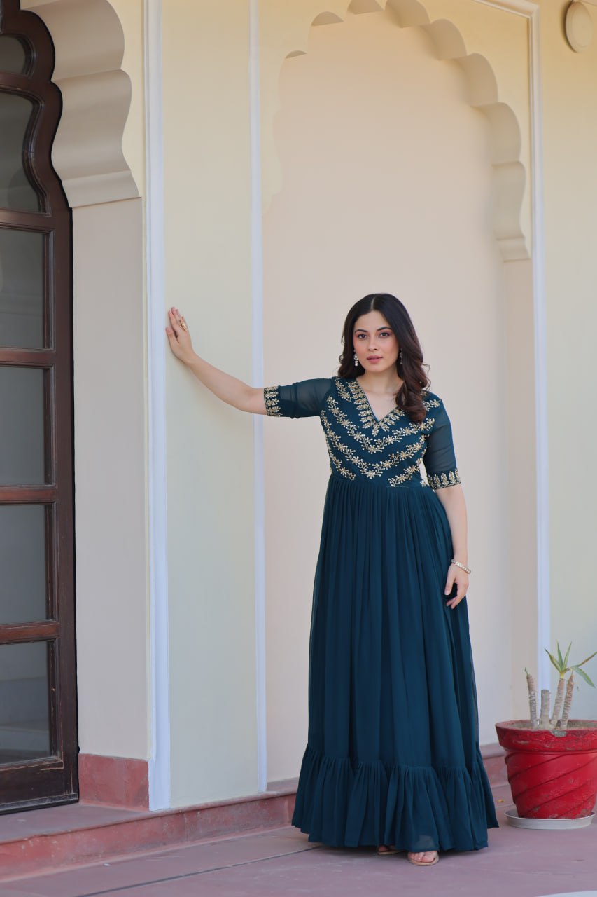 Rama Premium Faux Blooming Frill Gown with Sequins, Multithread & Beads Embroidery
