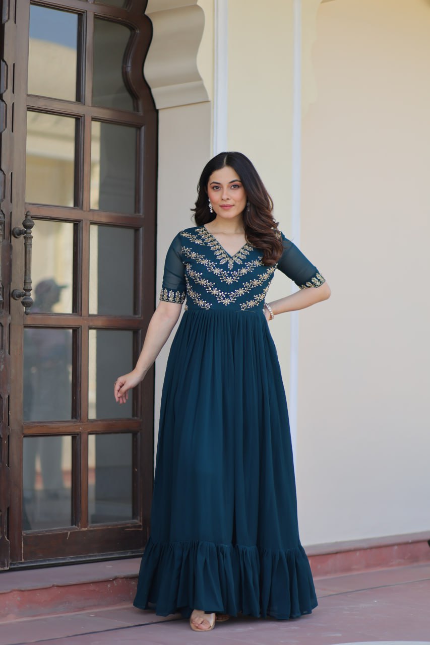 Rama Premium Faux Blooming Frill Gown with Sequins, Multithread & Beads Embroidery