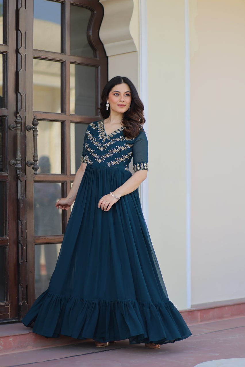 Rama Premium Faux Blooming Frill Gown with Sequins, Multithread & Beads Embroidery