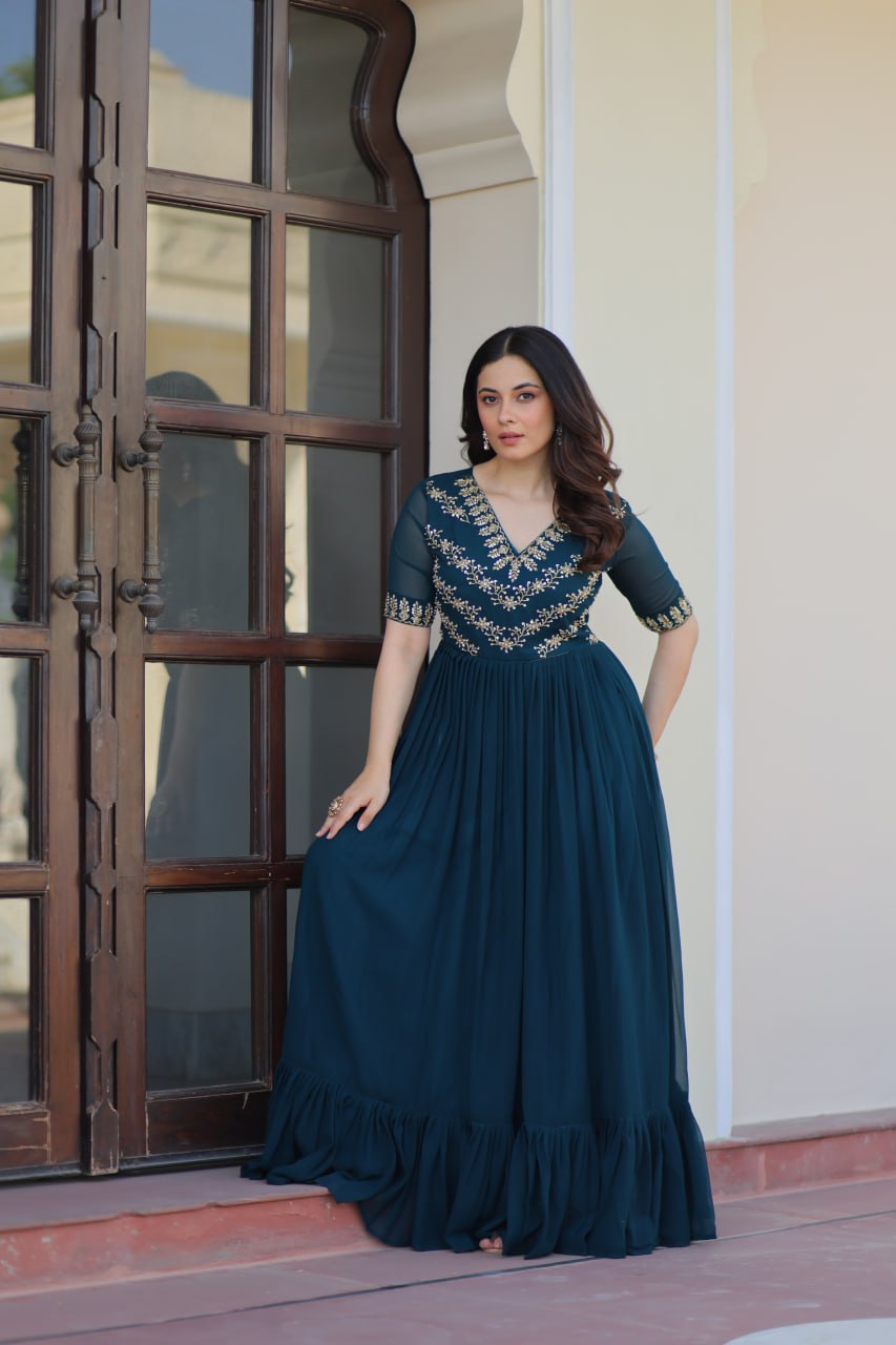 Rama Premium Faux Blooming Frill Gown with Sequins, Multithread & Beads Embroidery