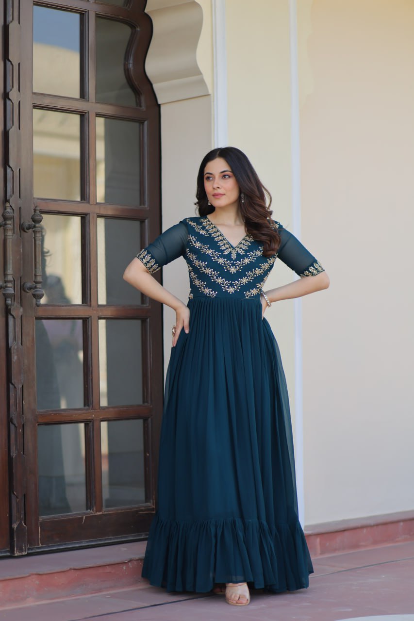 Rama Premium Faux Blooming Frill Gown with Sequins, Multithread & Beads Embroidery
