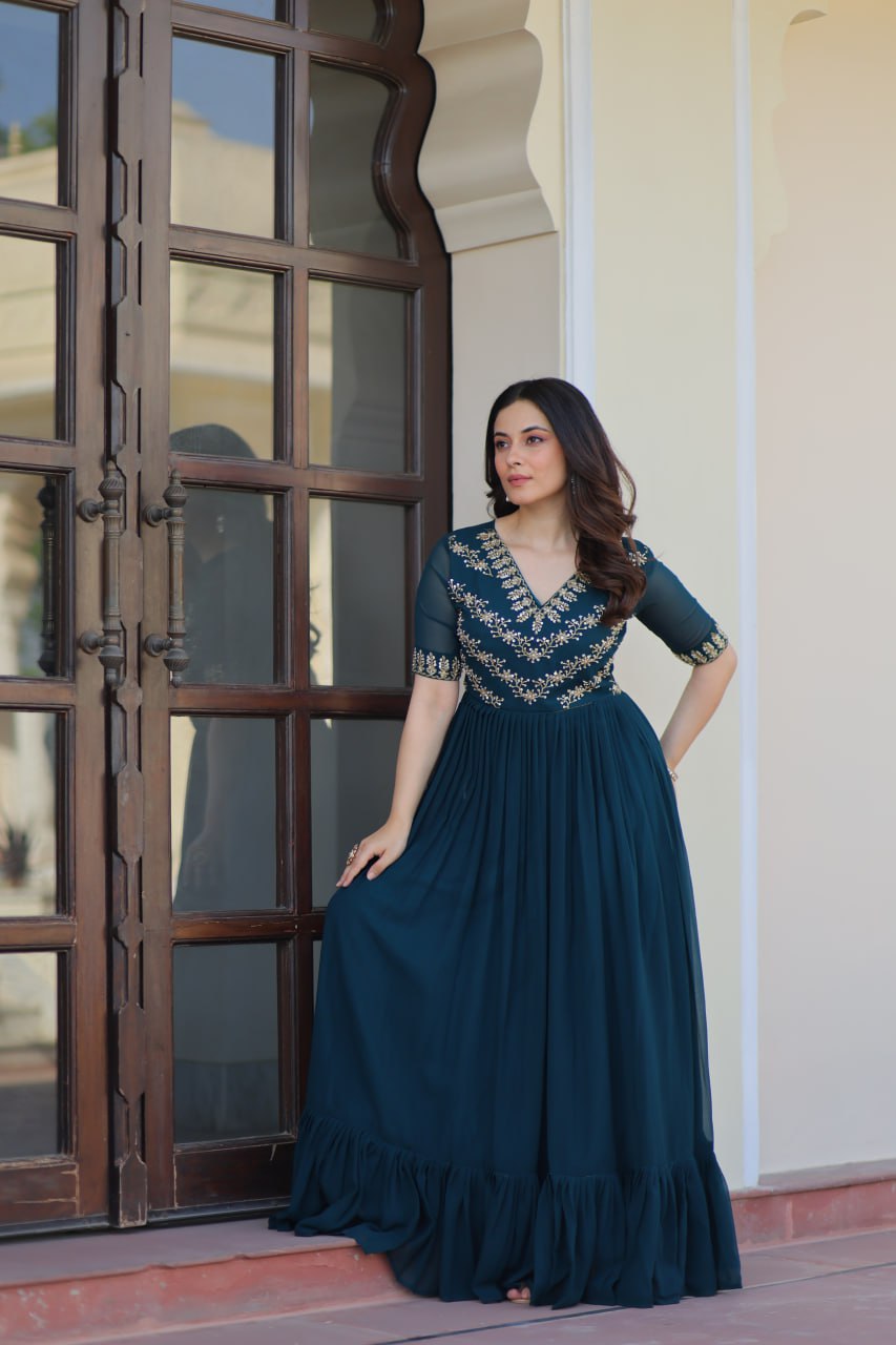 Rama Premium Faux Blooming Frill Gown with Sequins, Multithread & Beads Embroidery