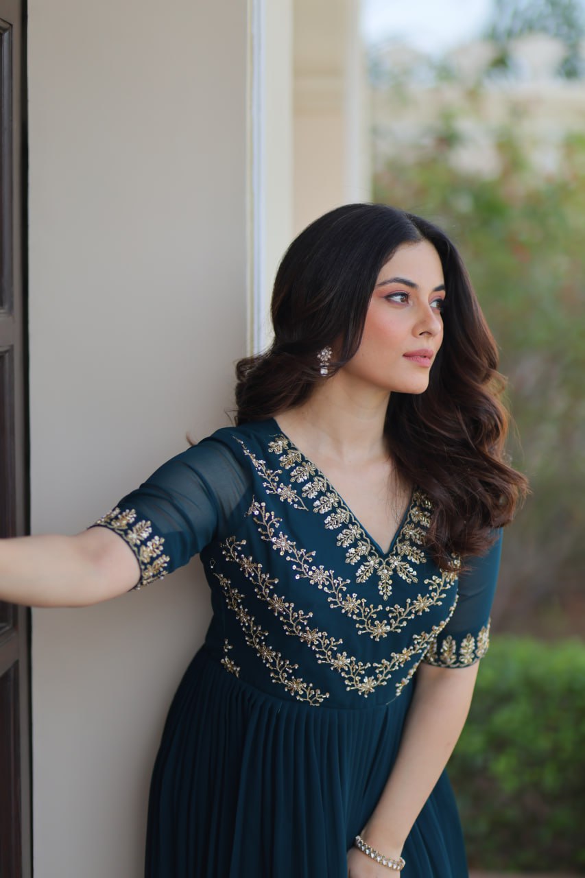 Rama Premium Faux Blooming Frill Gown with Sequins, Multithread & Beads Embroidery