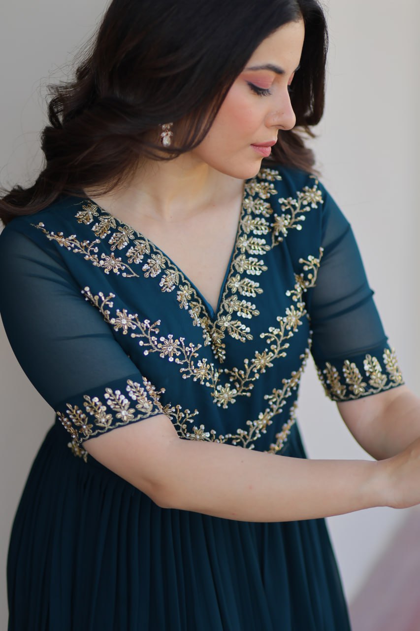 Rama Premium Faux Blooming Frill Gown with Sequins, Multithread & Beads Embroidery