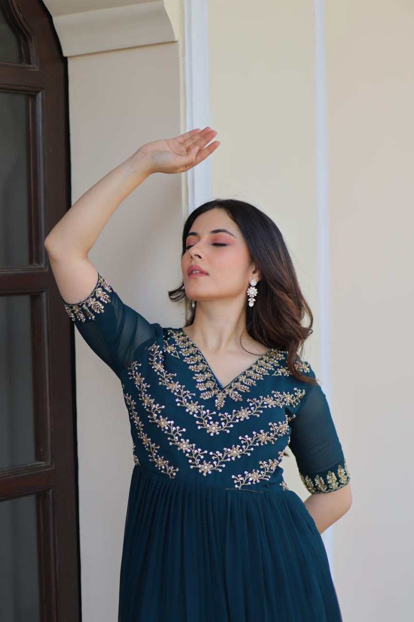 Rama Premium Faux Blooming Frill Gown with Sequins, Multithread & Beads Embroidery