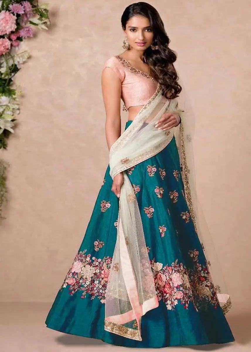 Rama raw silk lehenga design for engagement