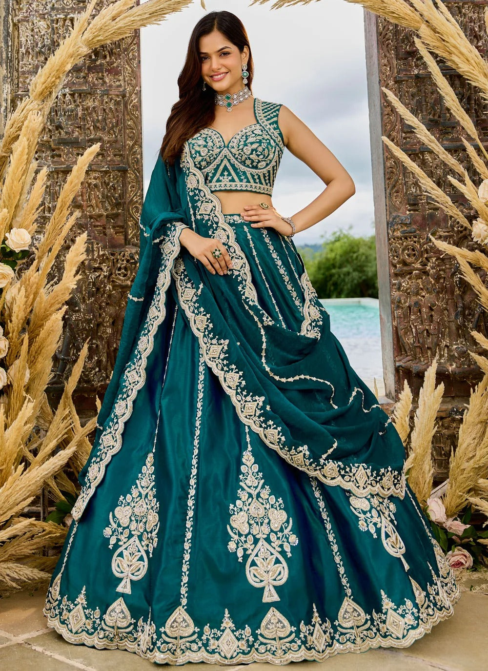 Rama silk wedding lehenga with sequins thread embroidery