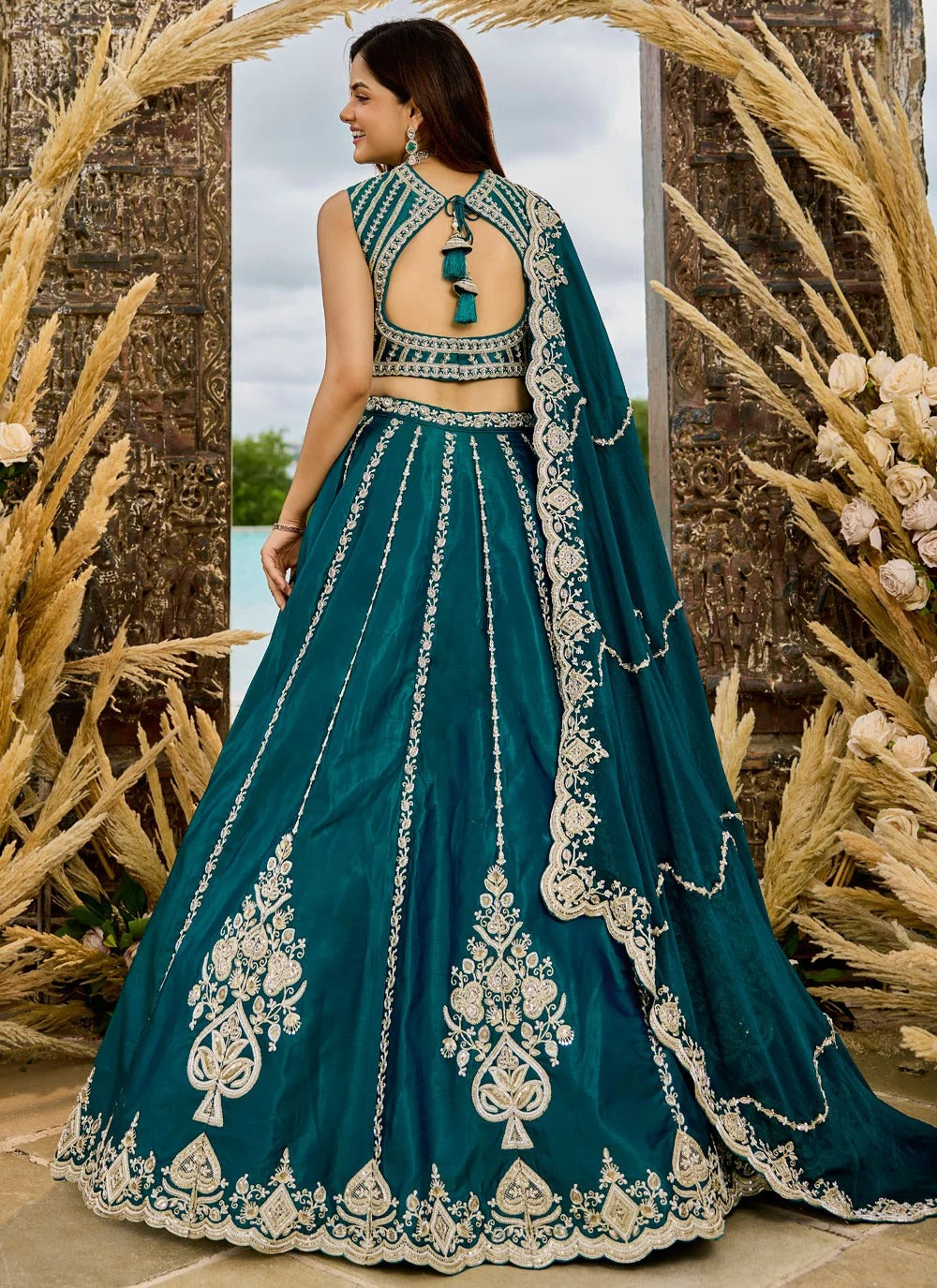 Rama silk wedding lehenga with sequins thread embroidery