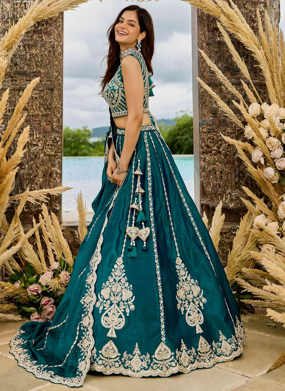 Rama silk wedding lehenga with sequins thread embroidery