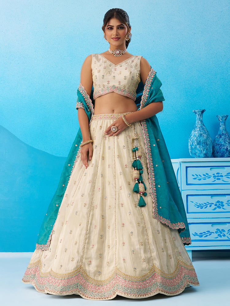 Tissue Sequins Embroidered Semi-Stitched Lehenga & Unstitched Blouse With Dupatta