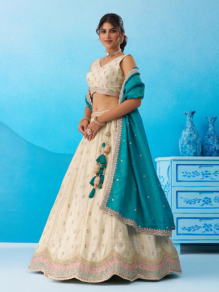 Tissue Sequins Embroidered Semi-Stitched Lehenga & Unstitched Blouse With Dupatta