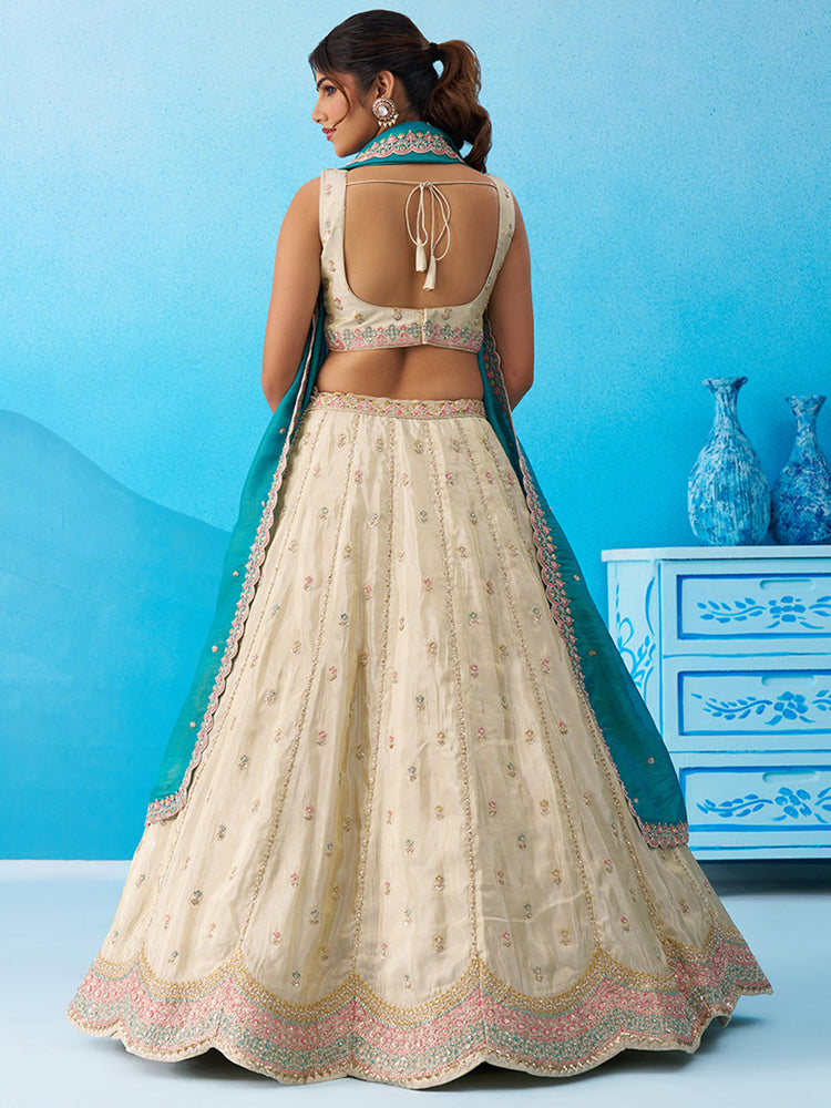 Tissue Sequins Embroidered Semi-Stitched Lehenga & Unstitched Blouse With Dupatta