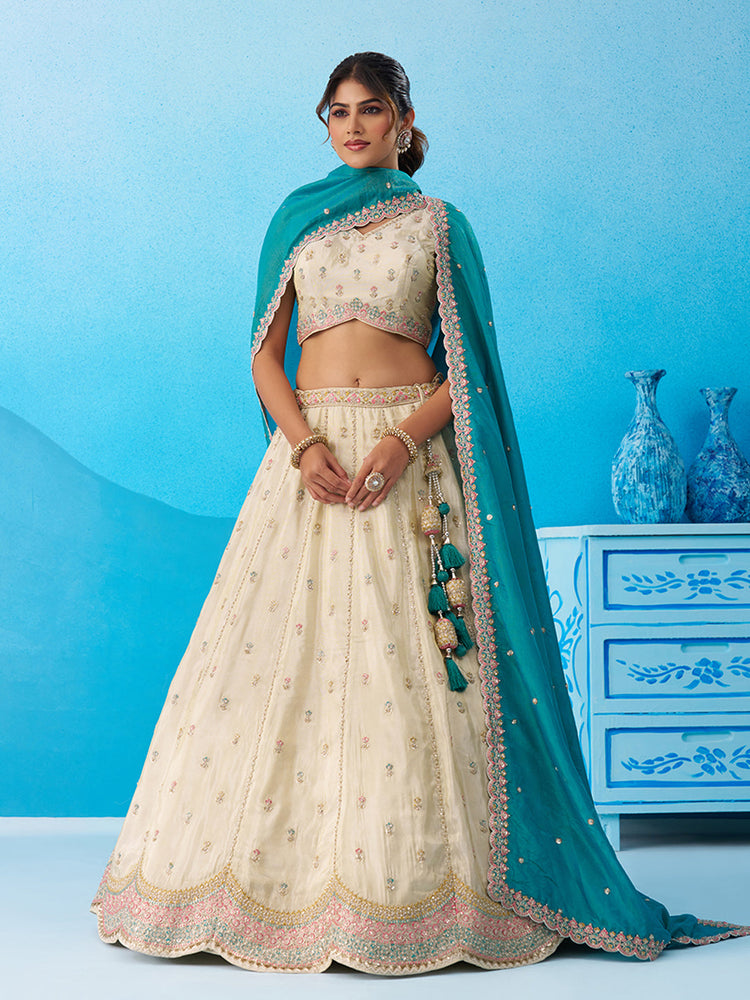 Tissue Sequins Embroidered Semi-Stitched Lehenga & Unstitched Blouse With Dupatta