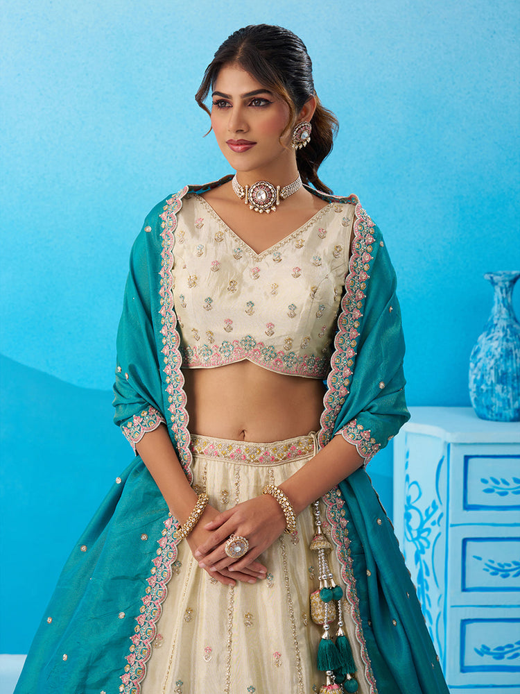 Tissue Sequins Embroidered Semi-Stitched Lehenga & Unstitched Blouse With Dupatta