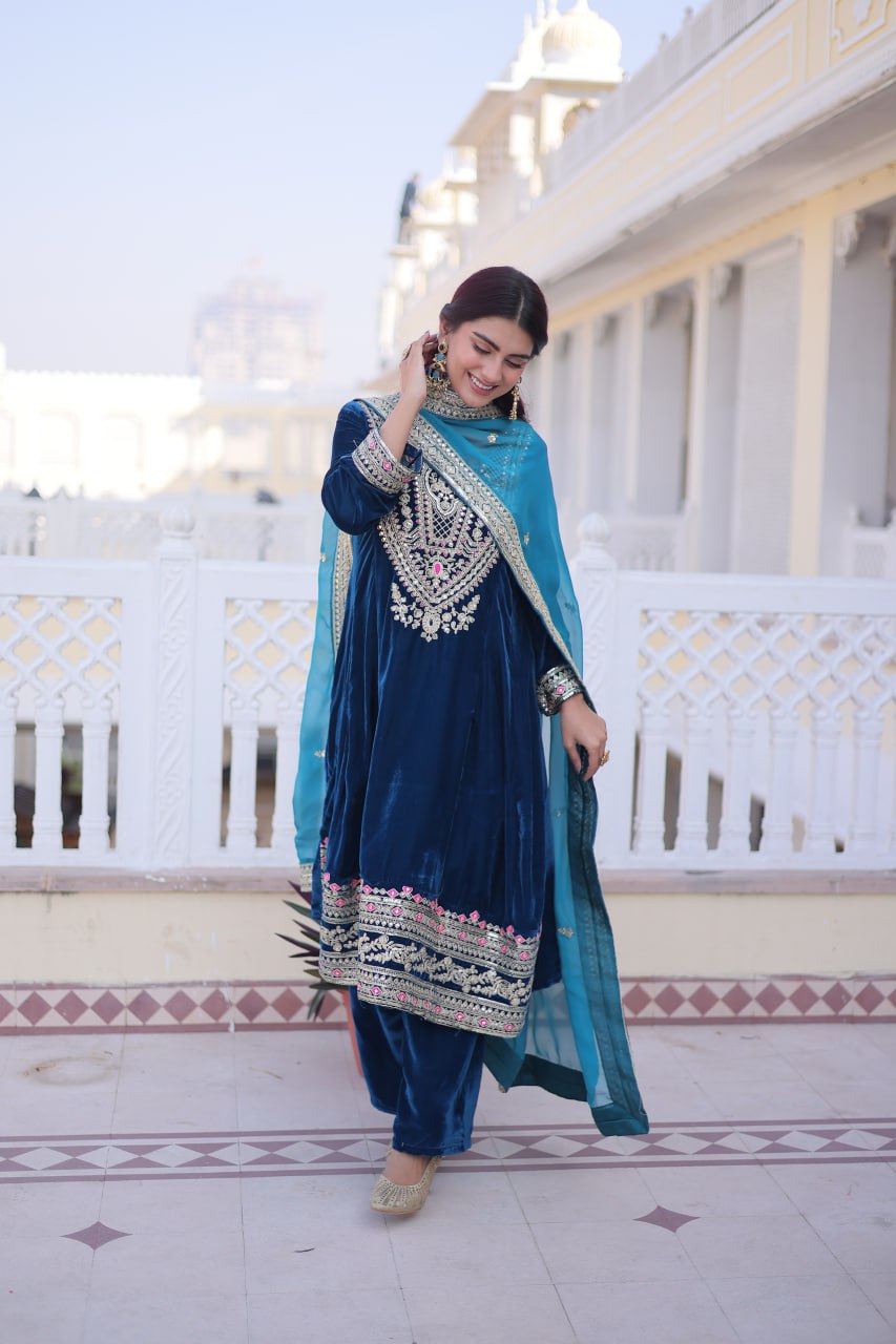 Rama Velvet Embroidered Top Pant Set