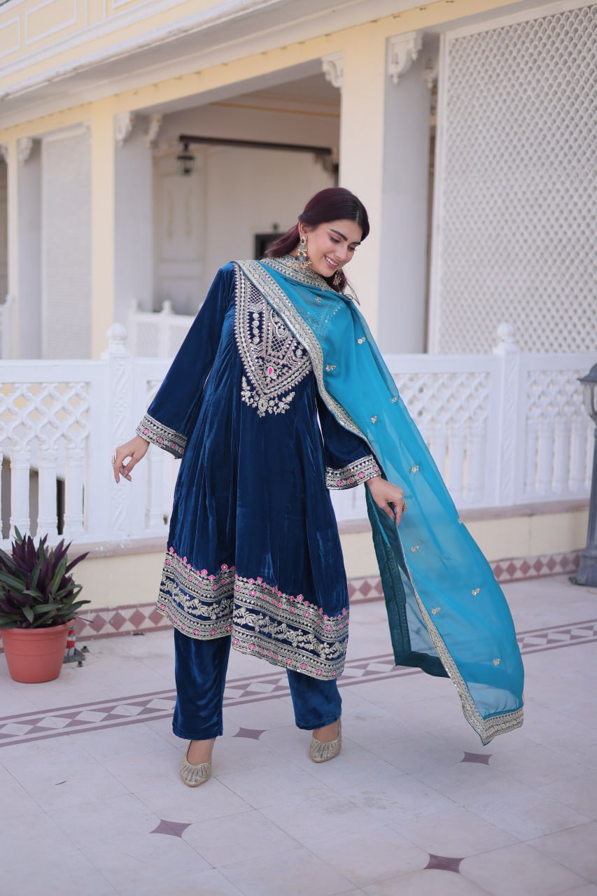 Rama Velvet Embroidered Top Pant Set