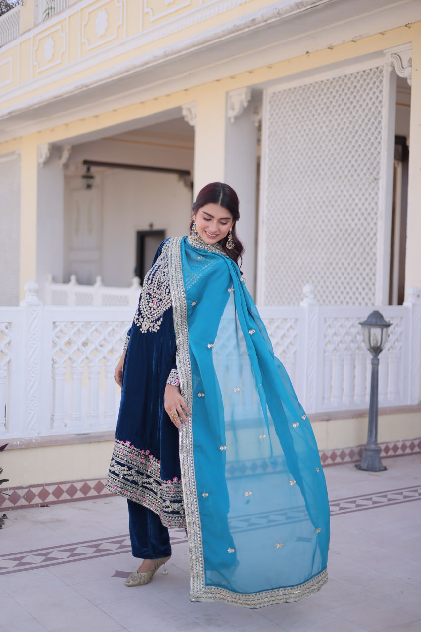 Rama Velvet Embroidered Top Pant Set