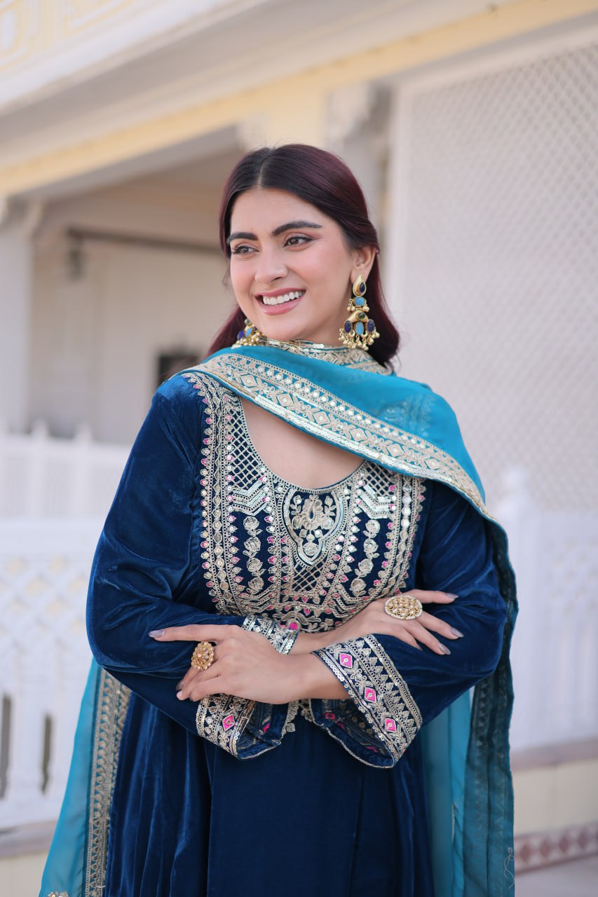 Rama Velvet Embroidered Top Pant Set
