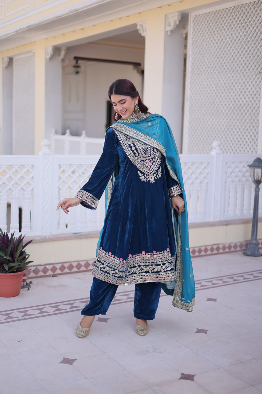 Rama Velvet Embroidered Top Pant Set