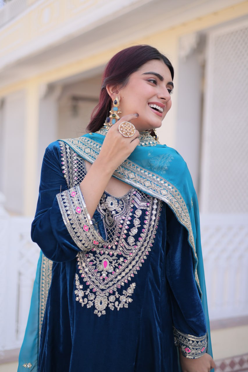 Rama Velvet Embroidered Top Pant Set