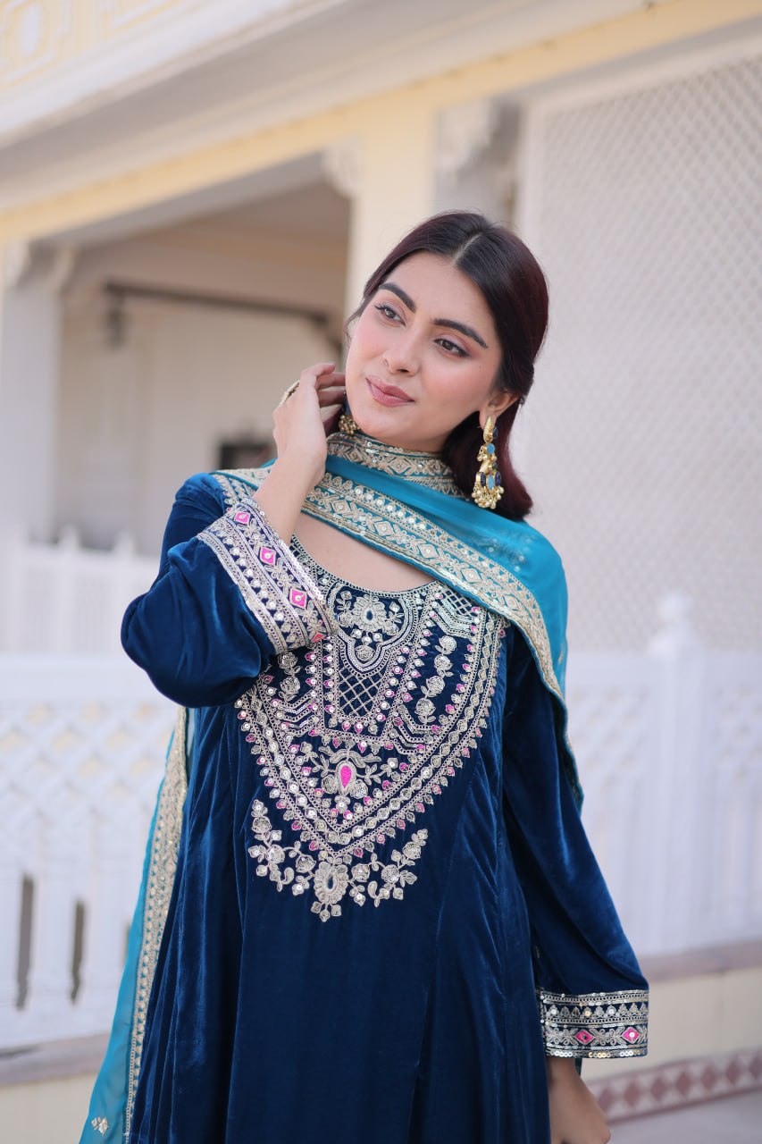 Rama Velvet Embroidered Top Pant Set