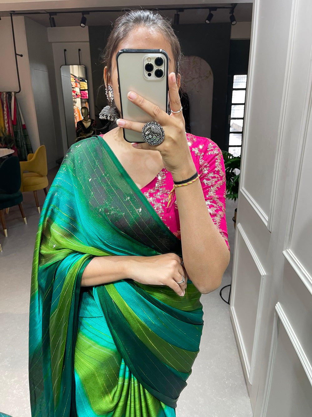 Green Color Zari Lining Work Rangoli Padding Saree