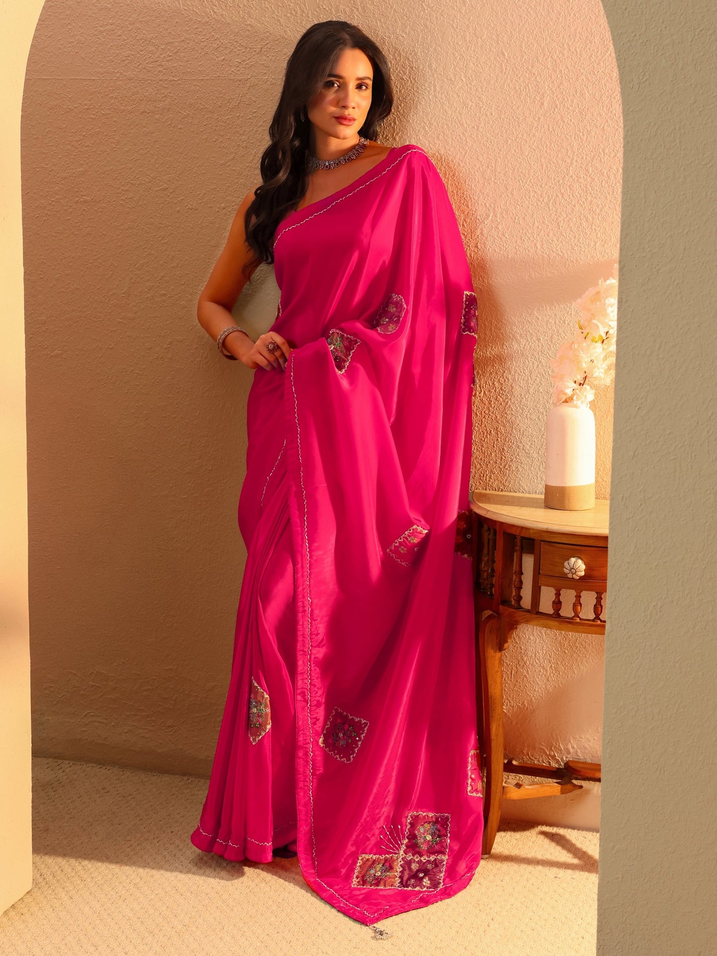 Libas Rani Pink Applique Embellished Satin Saree