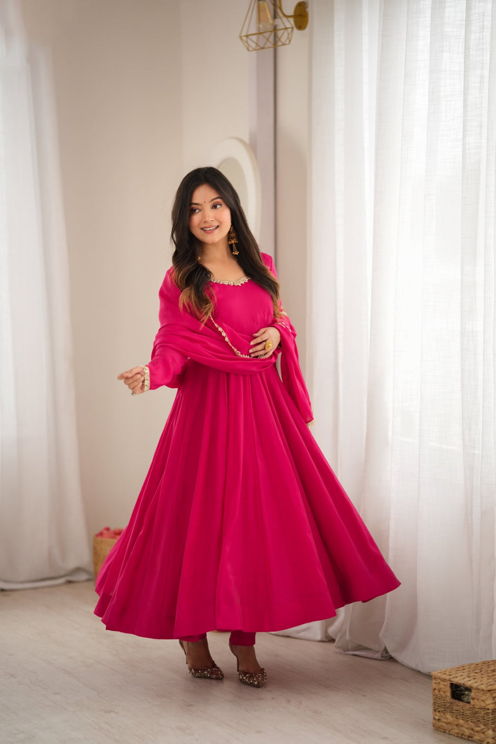 Rani Pink Chanderi Flared Anarkali Set