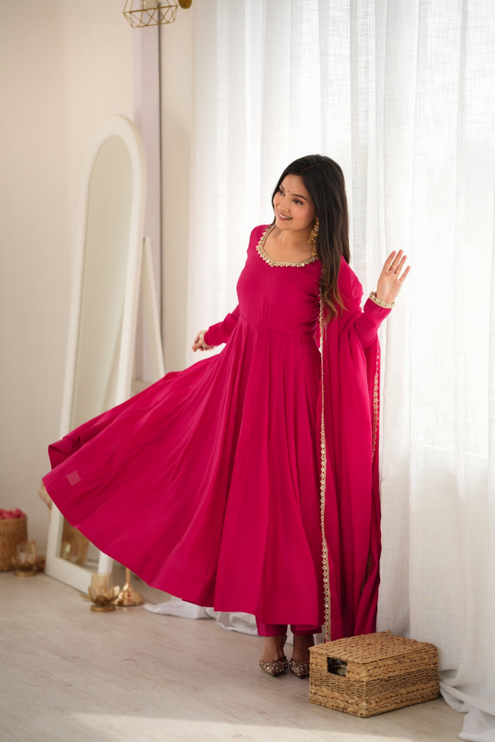 Rani Pink Chanderi Flared Anarkali Set