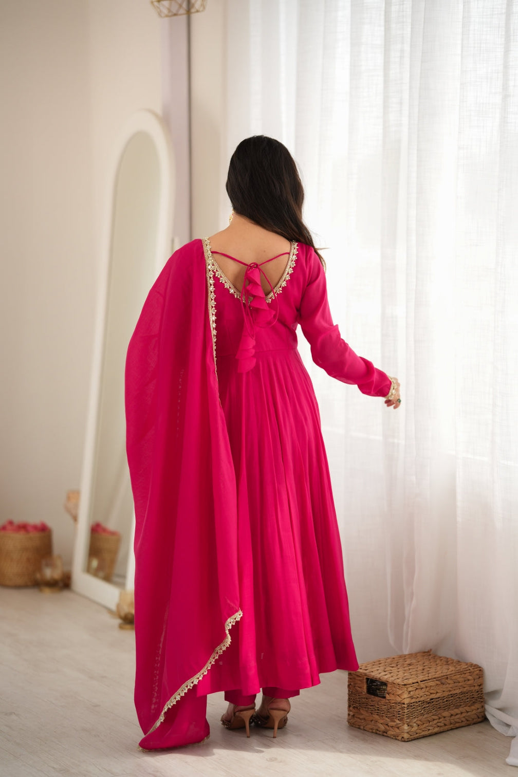 Rani Pink Chanderi Flared Anarkali Set