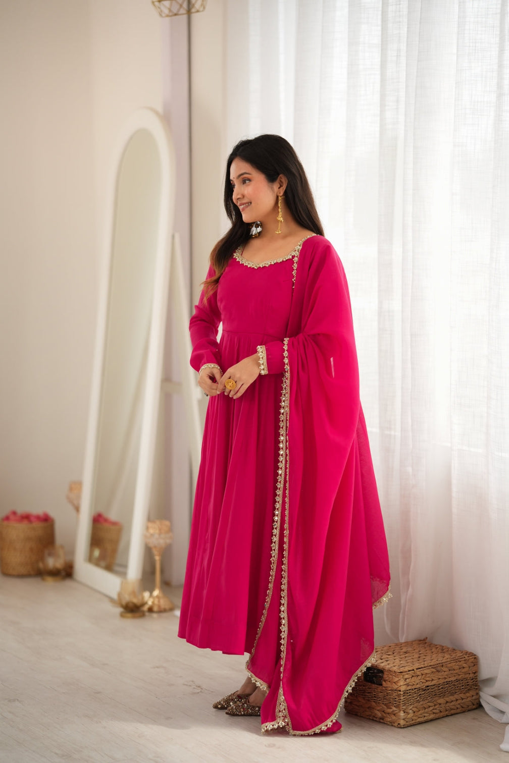 Rani Pink Chanderi Flared Anarkali Set