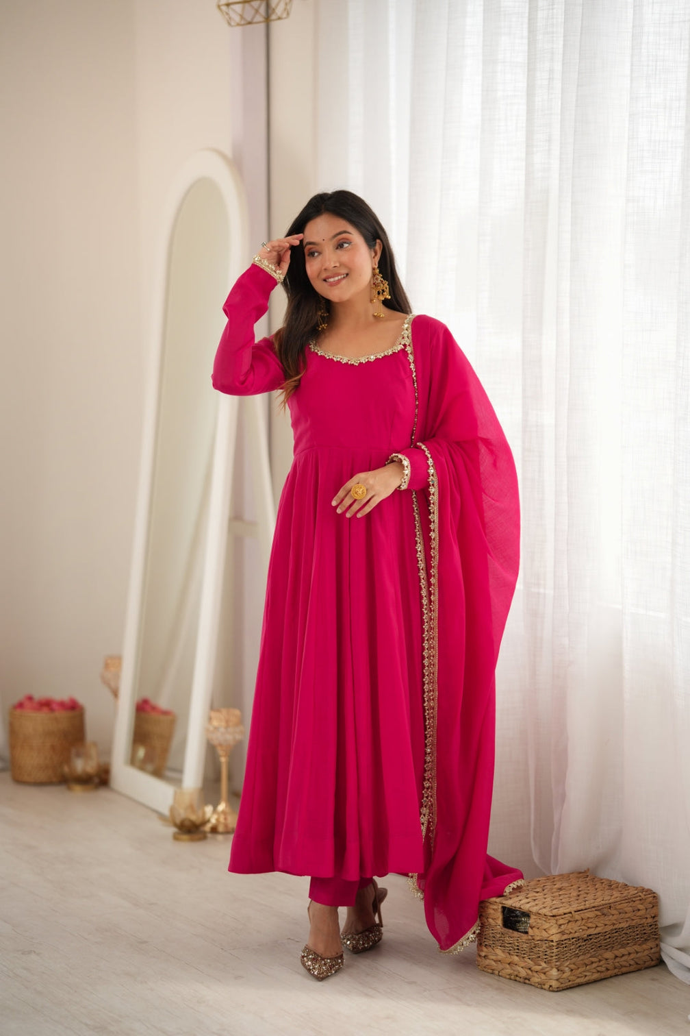 Rani Pink Chanderi Flared Anarkali Set
