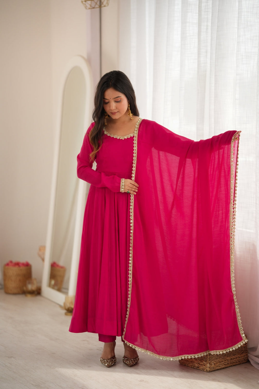 Rani Pink Chanderi Flared Anarkali Set