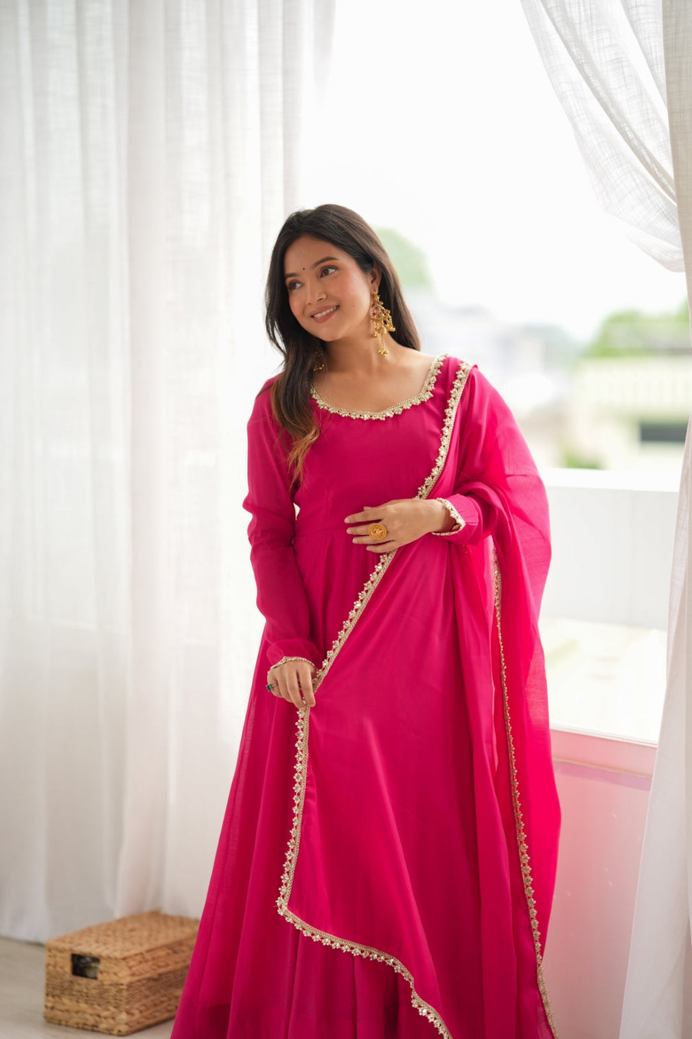 Rani Pink Chanderi Flared Anarkali Set