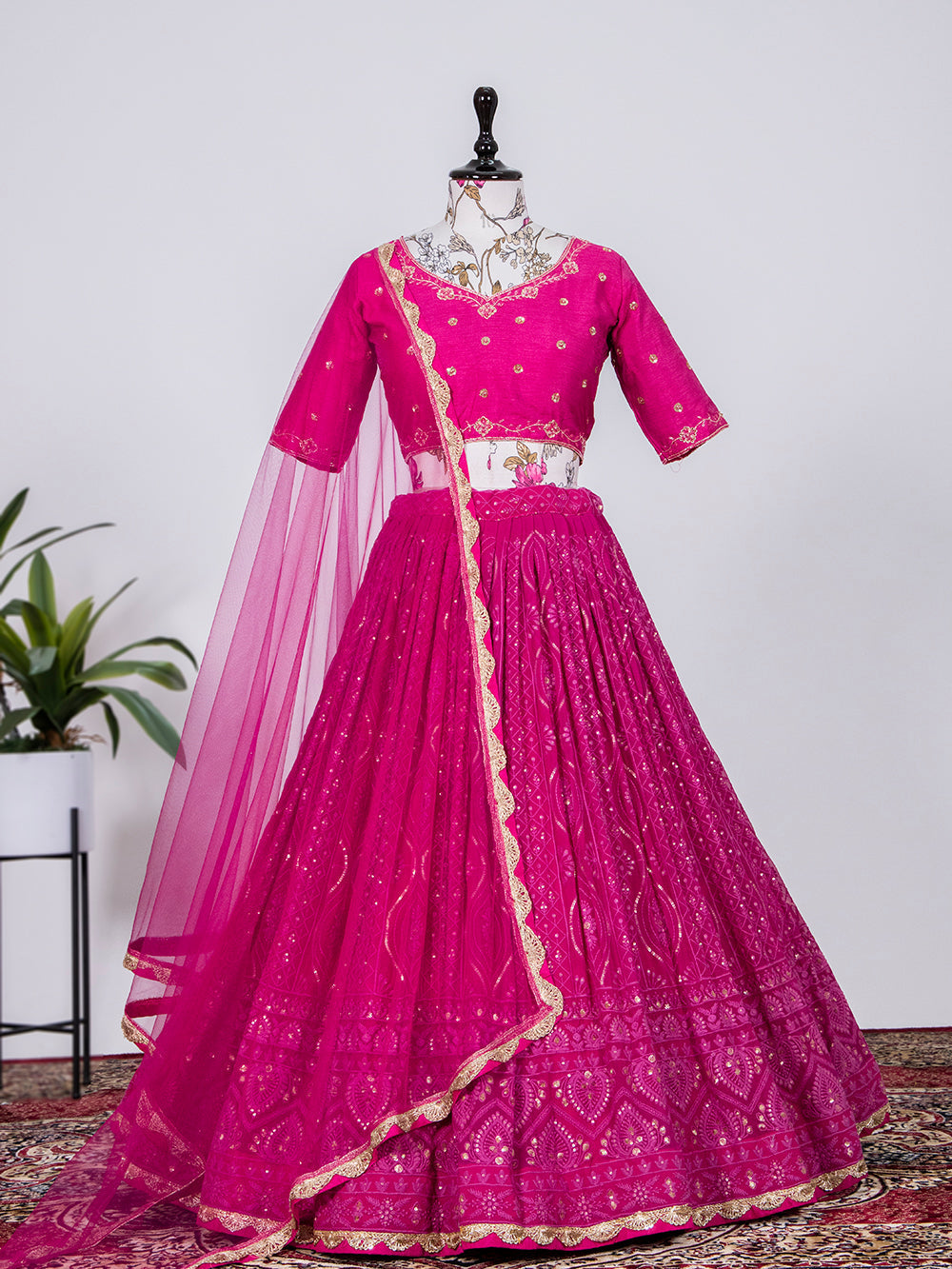 Rani Pink Color Sequins and Thread Embroidery Work Georgette Lehenga Choli
