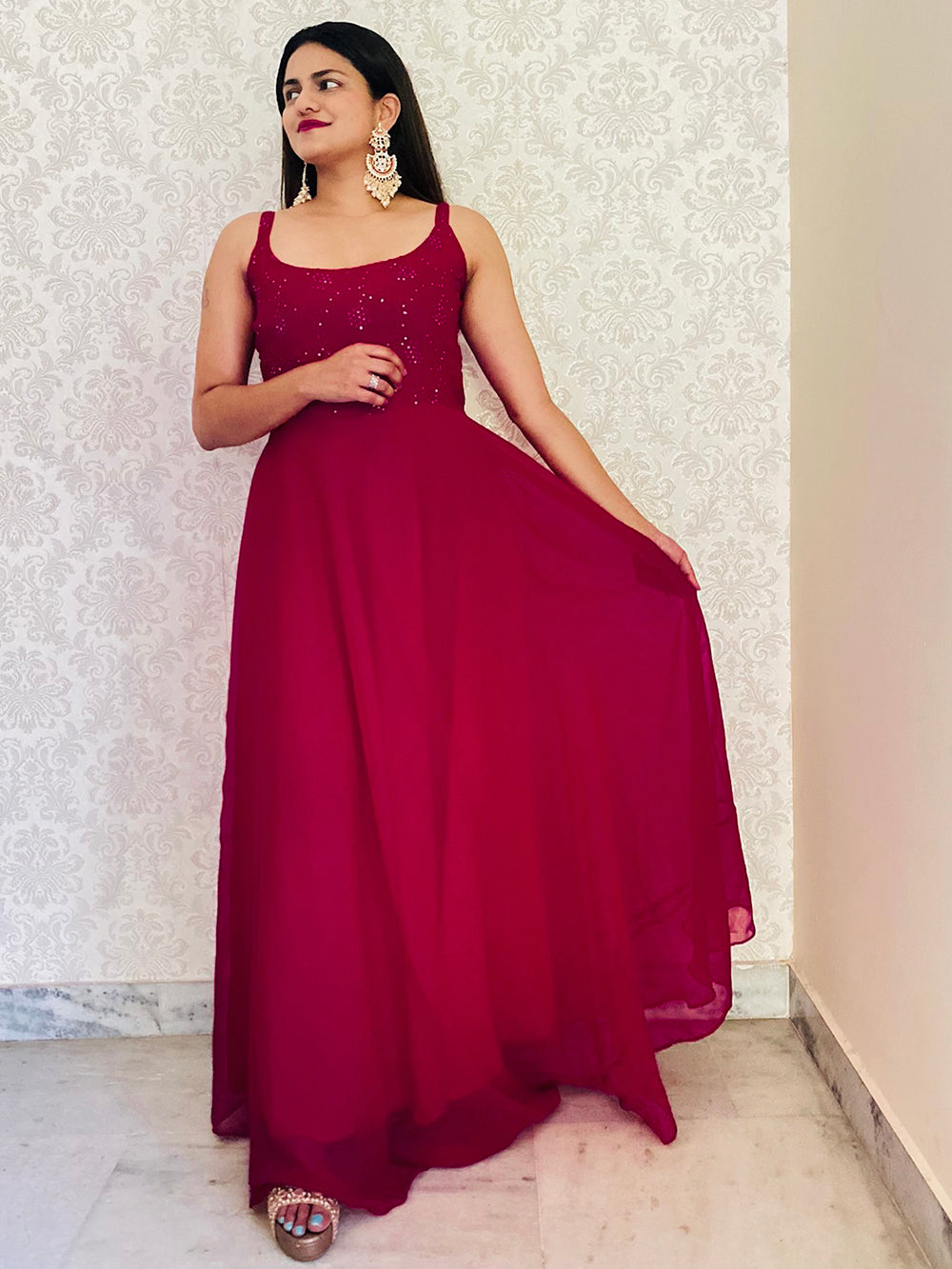 Rani Pink Color Sequins And Thread Embroidery Work Georgette Gown