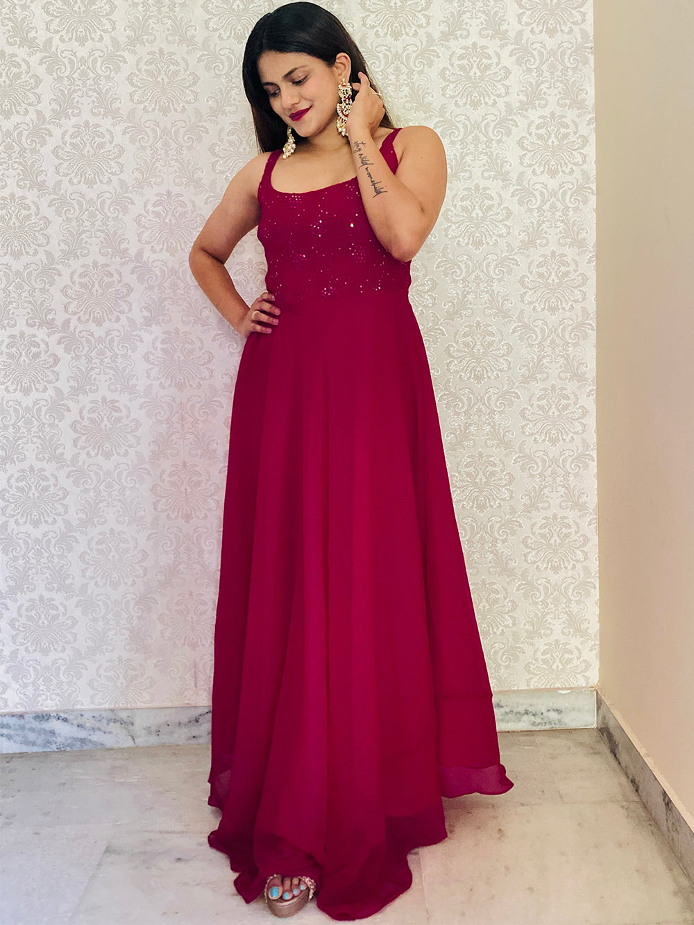 Rani Pink Color Sequins And Thread Embroidery Work Georgette Gown