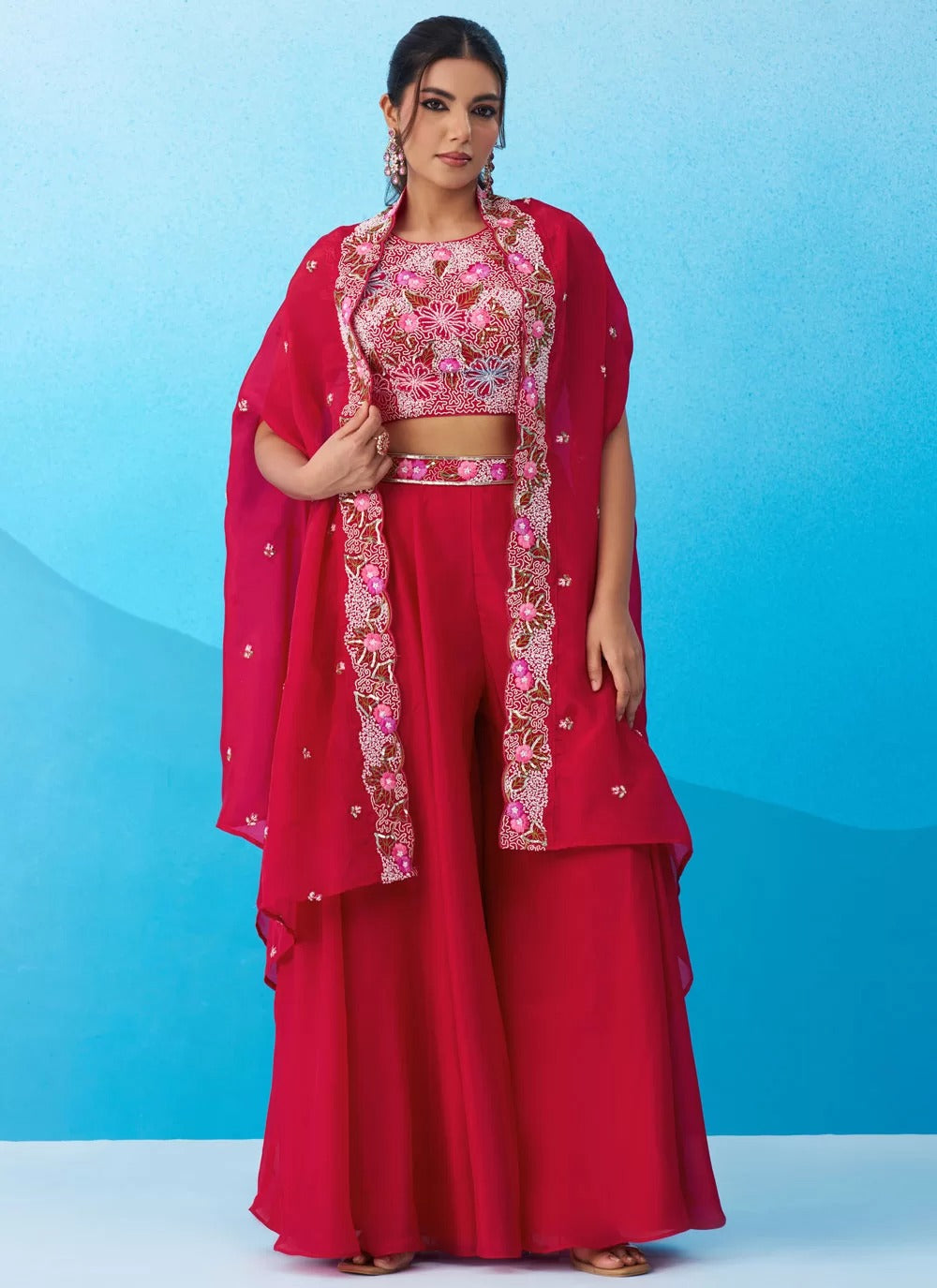 Rani pink crepe indo western set with embroidered flared cape palazzo