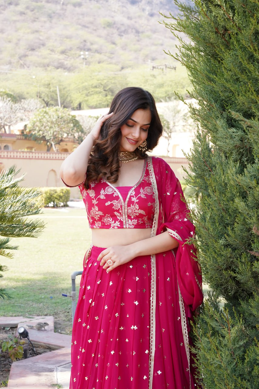 Rani Pink Designer Faux Blooming Lehenga Choli with Shimmering Sequins & Lace