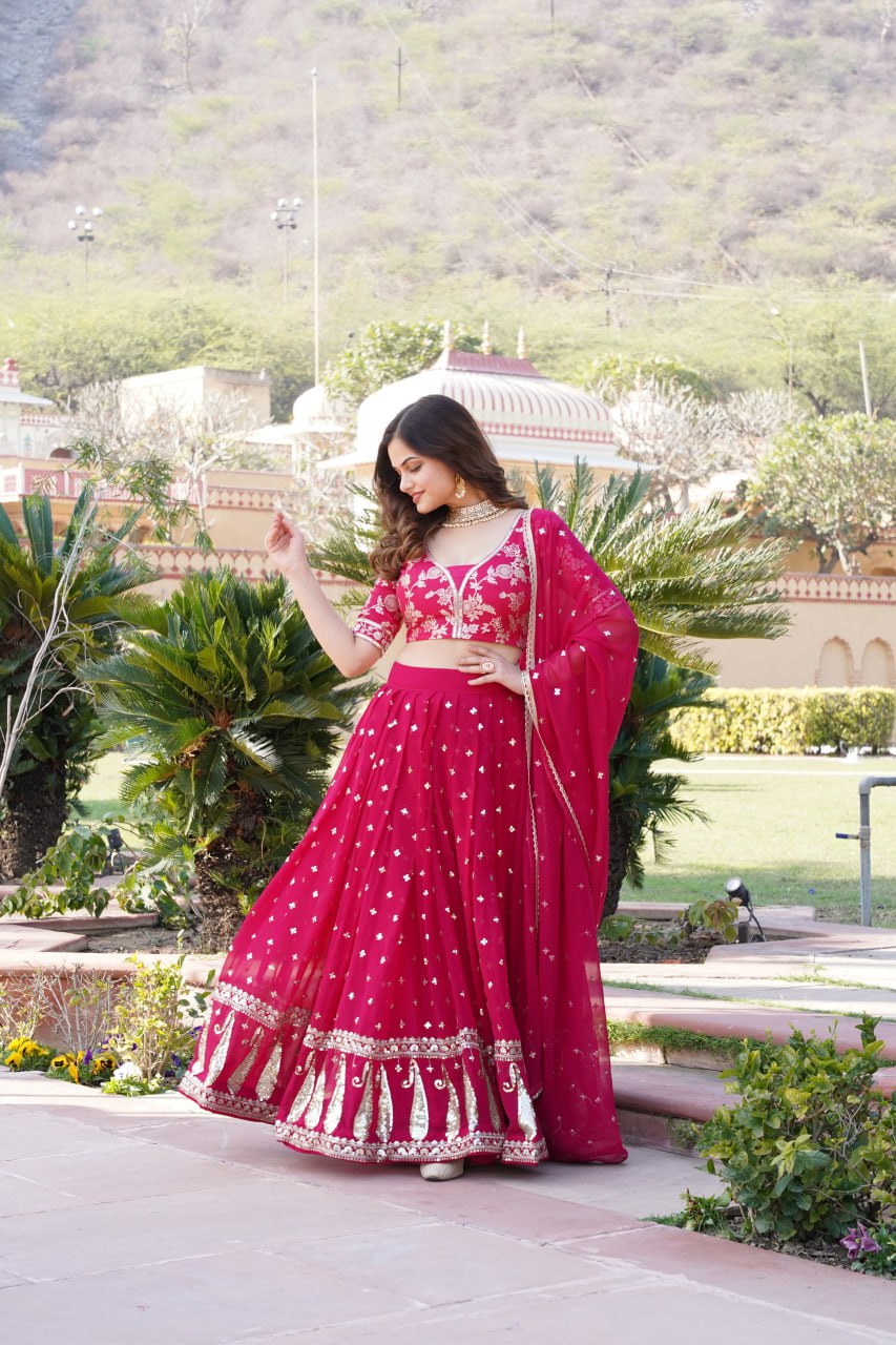 Rani Pink Designer Faux Blooming Lehenga Choli with Shimmering Sequins & Lace
