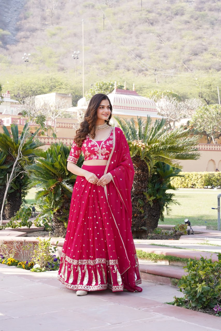 Rani Pink Designer Faux Blooming Lehenga Choli with Shimmering Sequins & Lace