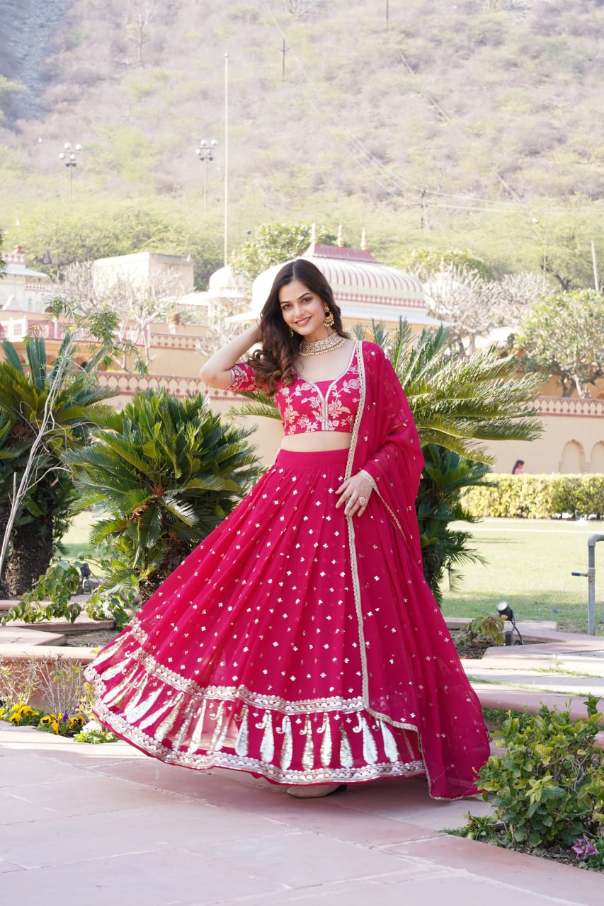 Rani Pink Designer Faux Blooming Lehenga Choli with Shimmering Sequins & Lace