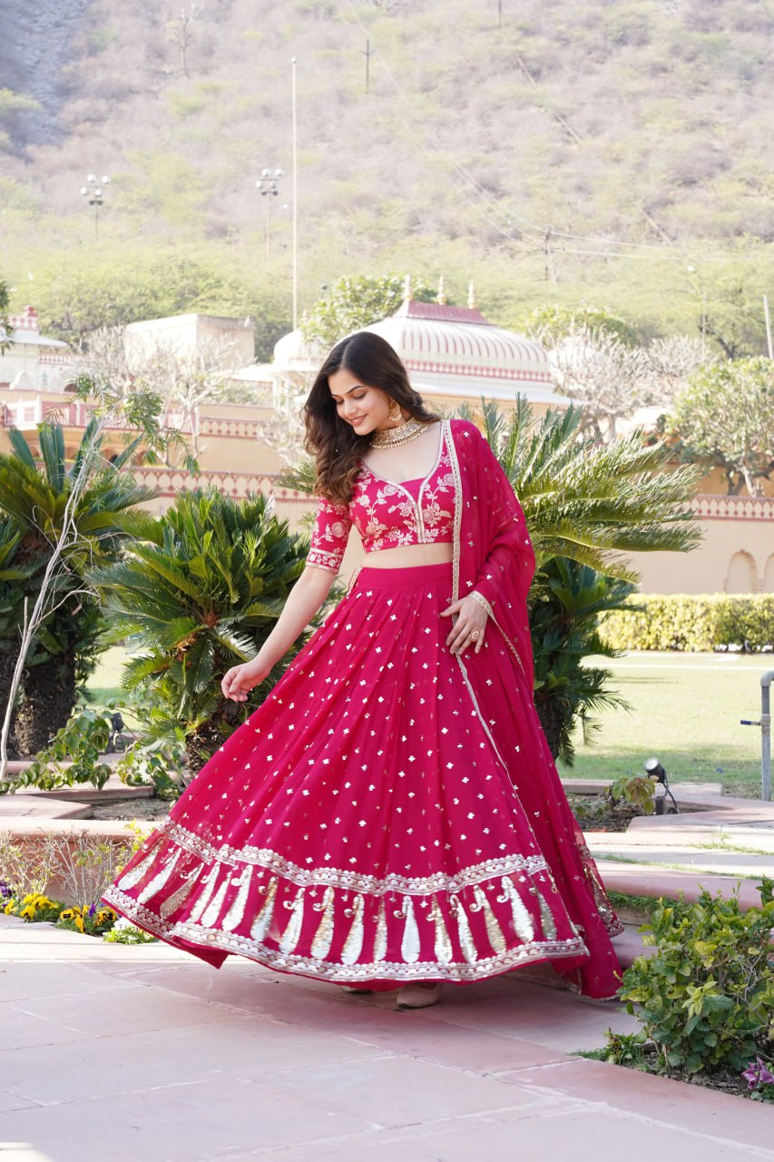 Rani Pink Designer Faux Blooming Lehenga Choli with Shimmering Sequins & Lace